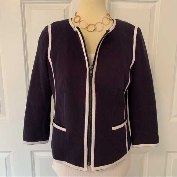 Crown & Ivy Navy Blue Zip Front Jacket with White Piping - Picture 2 of 5